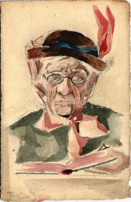 Kézzel festett művészlap / Hand-painted art postcard. artist signed (szakadás / tear)