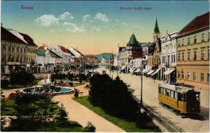 Kassa, Kosice; Fő utca felső része, villamos, üzletek / street view, tram, shops