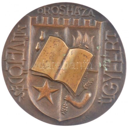 Rajki László (1939-) ~1970-1980. 'Orosháza Művelődésügyéért' egyoldalas, öntött bronz plakett (142mm) T:1-,2 kis patina