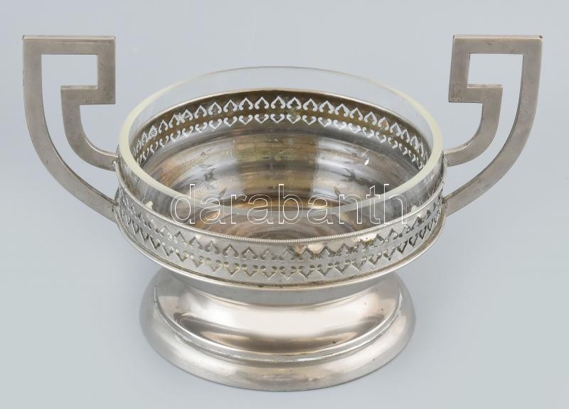 Art Deco kínáló, fém, üvegbetéttel, jelzés nélkül, kopott, m: 17,5 cm