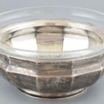 Ezüst (Ag) Art Deco kínálótál, üvegbetéttel, jelzett, hibátlan, nettó: 231 g, d: 19cm, m: 9cm