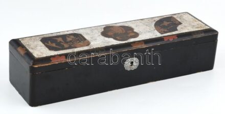 Régi keleti doboz, kopott, korának megfelelő sérülésekkel, 10x35 cm