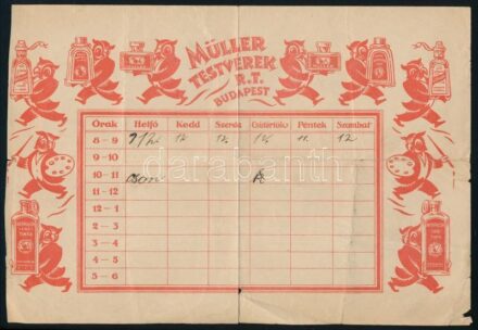 cca 1930-1940 Müller Testvérek Rt. Bp. órarend, részben kitöltött, kis szakadásokkal, 24x16,5 cm
