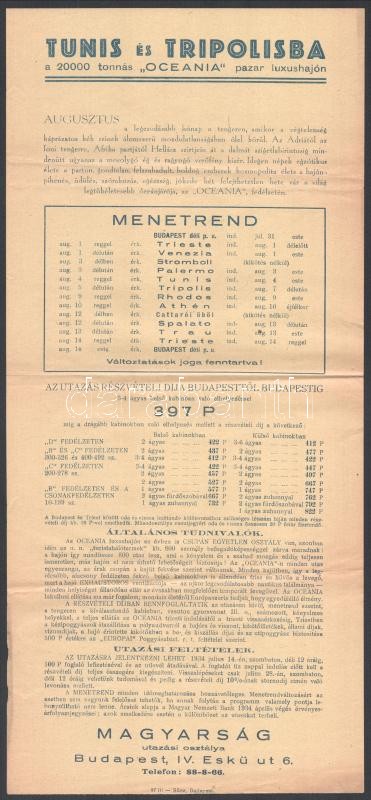 cca 1930 Tunisz és Tripoliszba közlekedő 'Oceania' luxushajó menetrendje