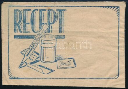 cca 1930-1940 Régi receptboríték, hátoldalán Szent Istvánt ábrázoló irredenta grafikával ('Becsüljük a gyógyszerész munkáját, magyar érdek az egészség!'), gyűrődésekkel, 12x8,5 cm