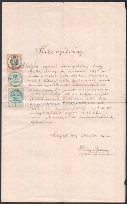 1889 Munkáltatói igazolás 15+10+25 kr okmánybélyeggel
