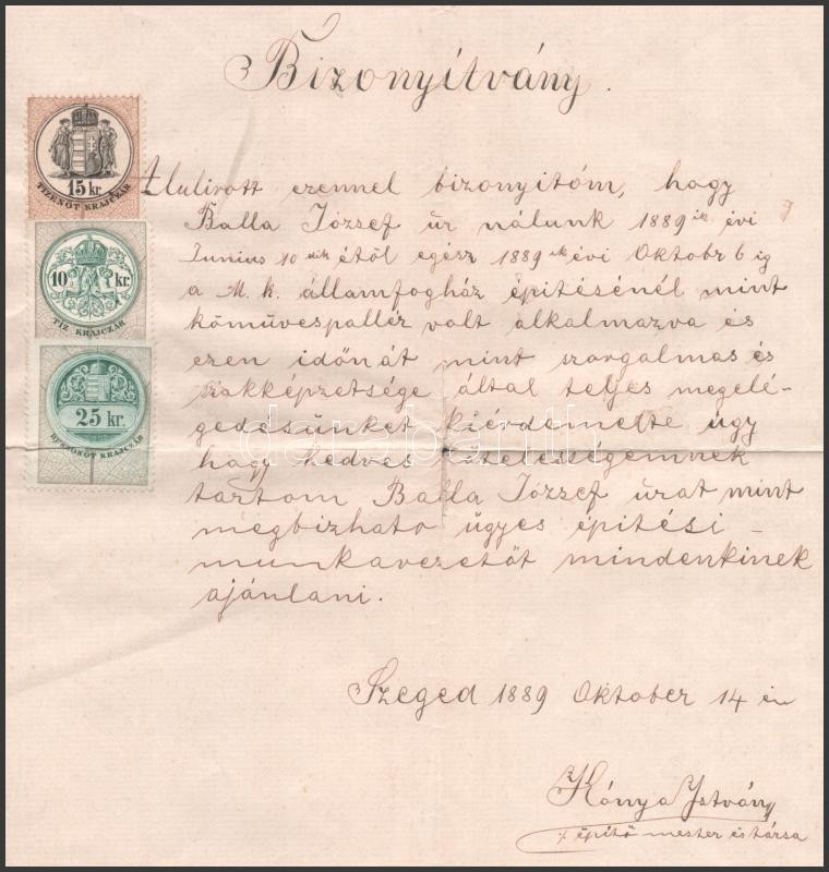 1889 Munkáltatói igazolás 15+10+25 kr okmánybélyeggel - Image 2