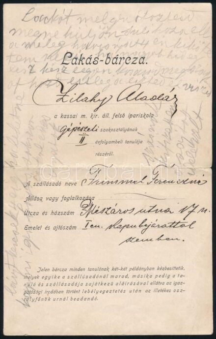 1903 Kassa, lakásbárca a kassai m. kir. áll. felső ipariskola tanulója részéről