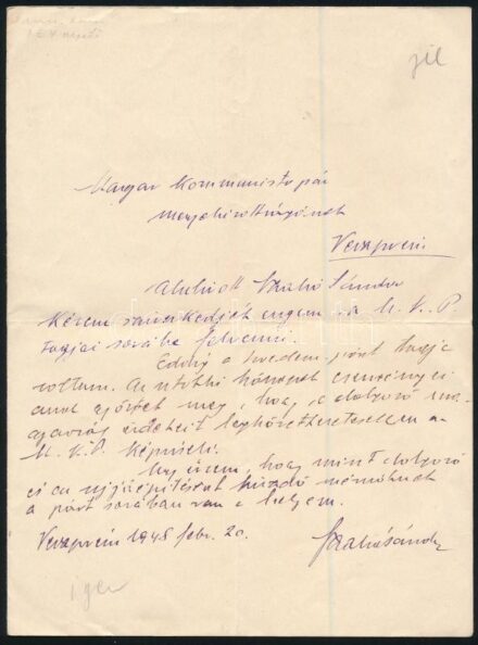 1948 Veszprém, kérvény a kommunista pártba való belépéshez
