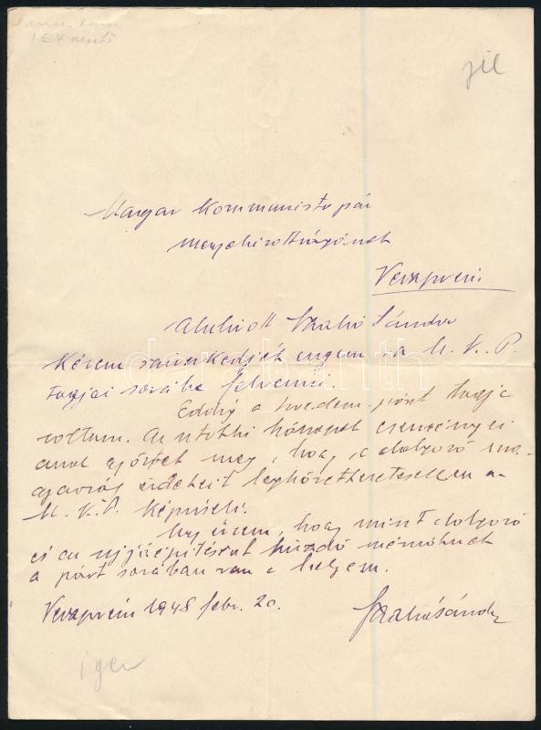 1948 Veszprém, kérvény a kommunista pártba való belépéshez