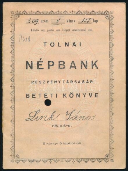 1939 Tolnai Népbank Rt. betéti könyve, bejegyzésekkel, lyukasztással, 12 p.