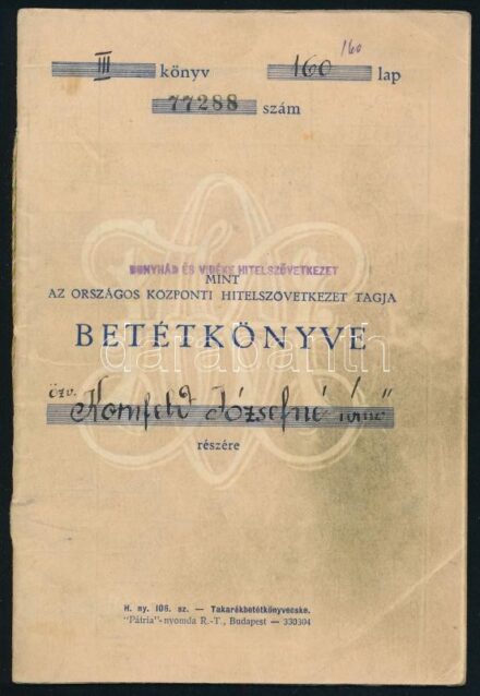 1936 Bonyhád és Vidéke Hitelszövetkezet, mint az Országos Központi Hitelszövetkezet tagja betétkönyve, bejegyzésekkel, 12 p.