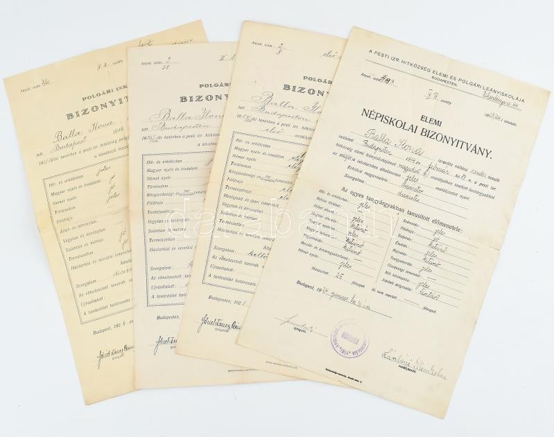 1924-1928 Elemi iskolai bizonyítvány izraelita vallású személy részére, 4 db