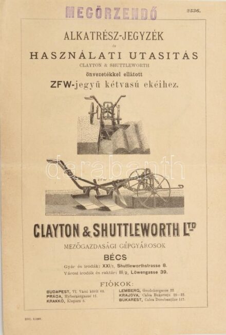 Alkatrészjegyzék és használati utasítás Clayton&Shuttleworth önvezetékkel ellátott ZFW-jegyű kétvasú ekéihez, 5p