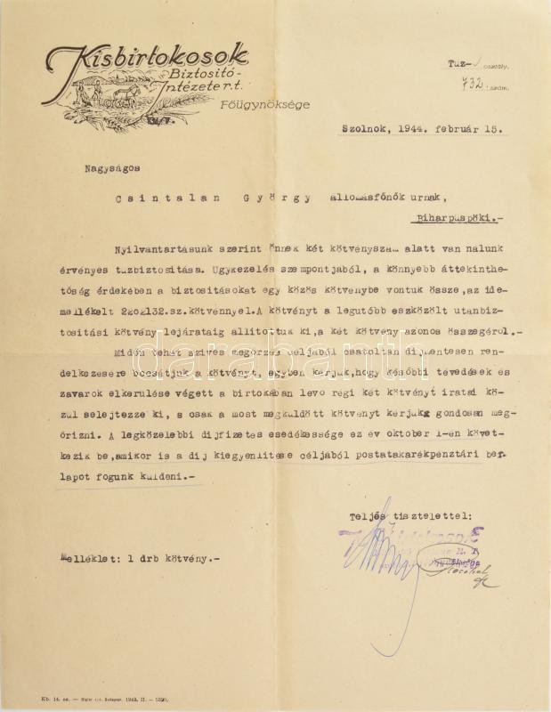 1944 Szolnok, Kisbirtokosok Biztosító Intézete Rt. fejléces levélpapírjára írt levél