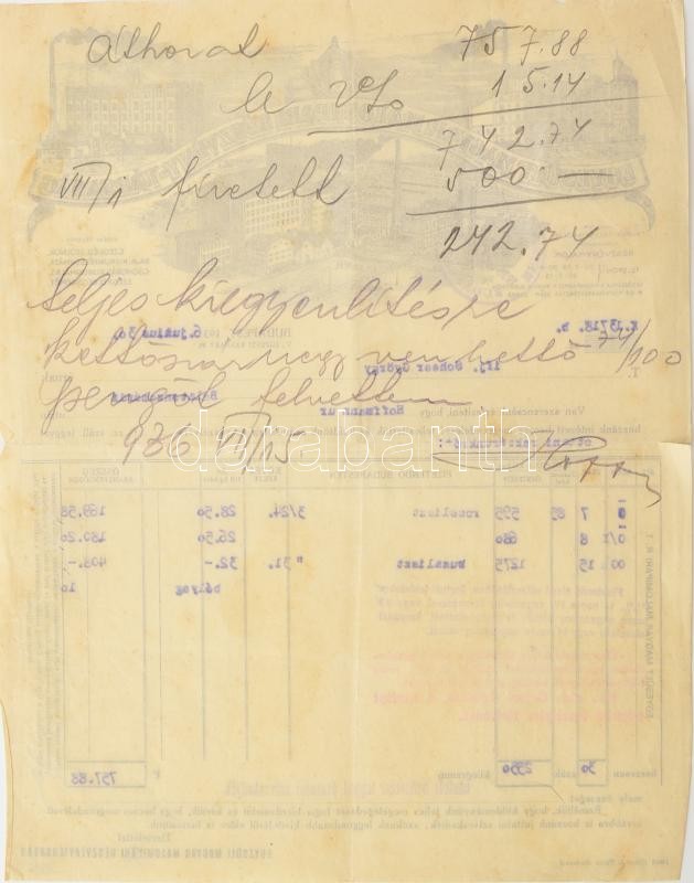 1936 Bp., Egyesült Magyar Malomipari Részvénytársaság fejléces levélpapírjára írt számla, rajta a gyár látképével - Image 2