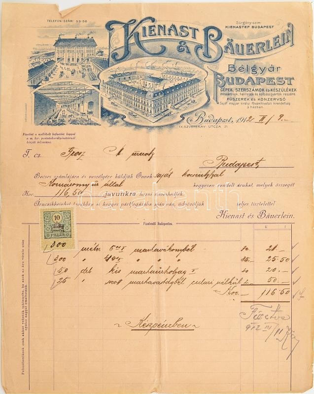 1912 Bp., Kienast Bäuerlein Bélgyár fejléces levélpapírjára írt számla, rajta a gyár látképével