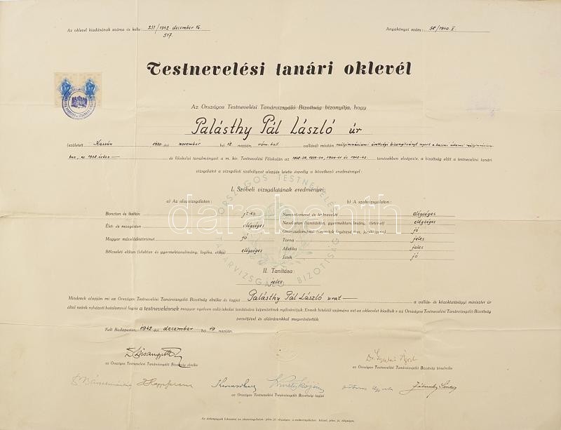 1942 Bp., testneveléstanári oklevél