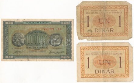 Vegyes: Szerb-Horvát-Szlovén Királyság 1919. 1D (2x) + Görögország 1944. 100.000Dr T:III-IV Midex: Kingdom of the Serbs, Croats and Slovenes 1919. 1 Dinar (2x) + Greece 1944. 100.000 Drachmai C:F-G small tears