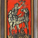 Cs. Uhrin Tibor (1936-2001): Sárkányölő Szent György. Tűzzománc, fakeretben, jelzett 24x14cm