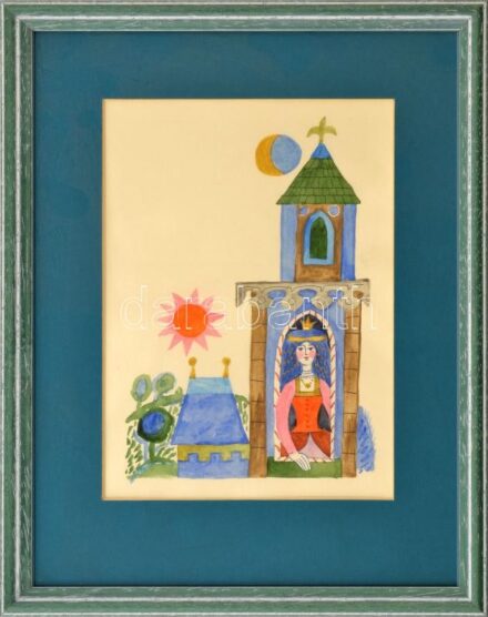 Reich Károly (1922-1988): Királylány, mese illusztráció. Akvarell, papír, jelzés nélkül. Üvegezett fakeretben, 21×15 cm
