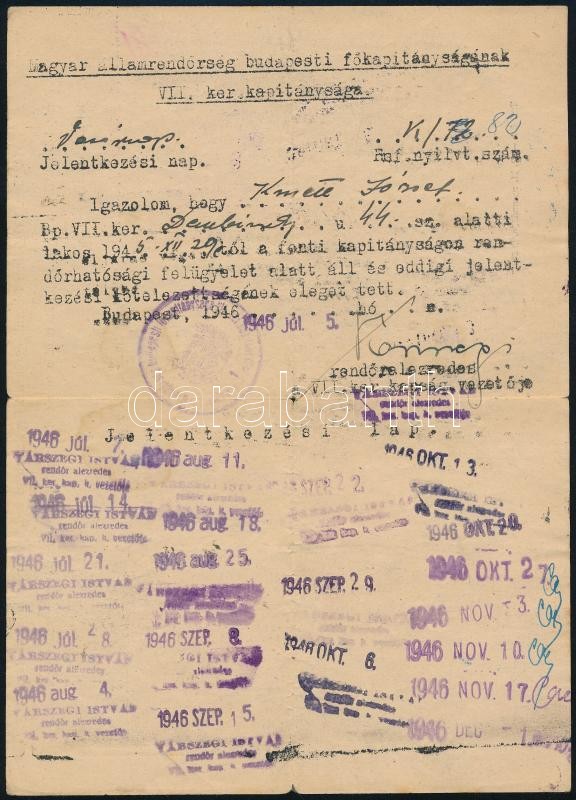 1946 Bp., Magyar Államrendőrség által kiállított jelentkezési lap rendőri felügyelet alatt álló személy számára