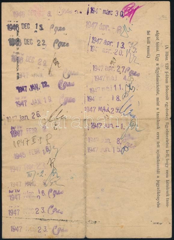 1946 Bp., Magyar Államrendőrség által kiállított jelentkezési lap rendőri felügyelet alatt álló személy számára - Image 2