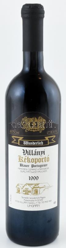 1999 Wunderlich Villányi Kékoportó, Blauer Portugieser, bontatlan palack száraz vörösbor, pincében szakszerűen tárolt, 12,5%, 0,75l.