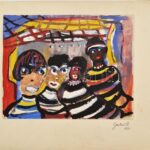 Gábor Marianne (1917-2014): Négy alak, tempera, papír, jelzett, kartonra ragasztva, 21,5×26,5 cm