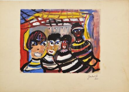 Gábor Marianne (1917-2014): Négy alak, tempera, papír, jelzett, kartonra ragasztva, 21,5×26,5 cm