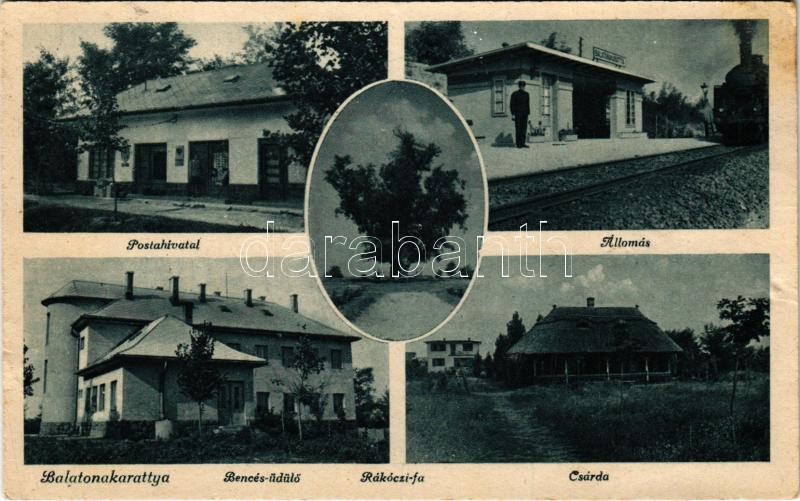 Balatonakarattya, Posta, vasútállomás, gőzmozdony, vonat, Bencés üdülő, Rákóczi fa, Csárda. Zakar Hilda kiadása (tűnyomok / pin marks)