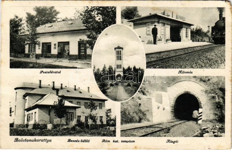 Balatonakarattya, Posta, vasútállomás, gőzmozdony, vonat, Bencés üdülő, Római katolikus templom, vasúti alagút (EM)