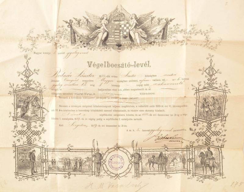 1889 Végelbocsájtó levél szakaszvezető részére, 40×54 cm