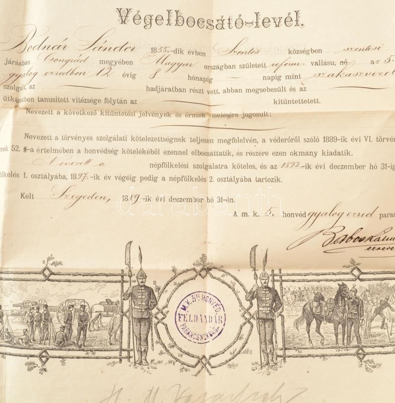 1889 Végelbocsájtó levél szakaszvezető részére, 40×54 cm - Image 2