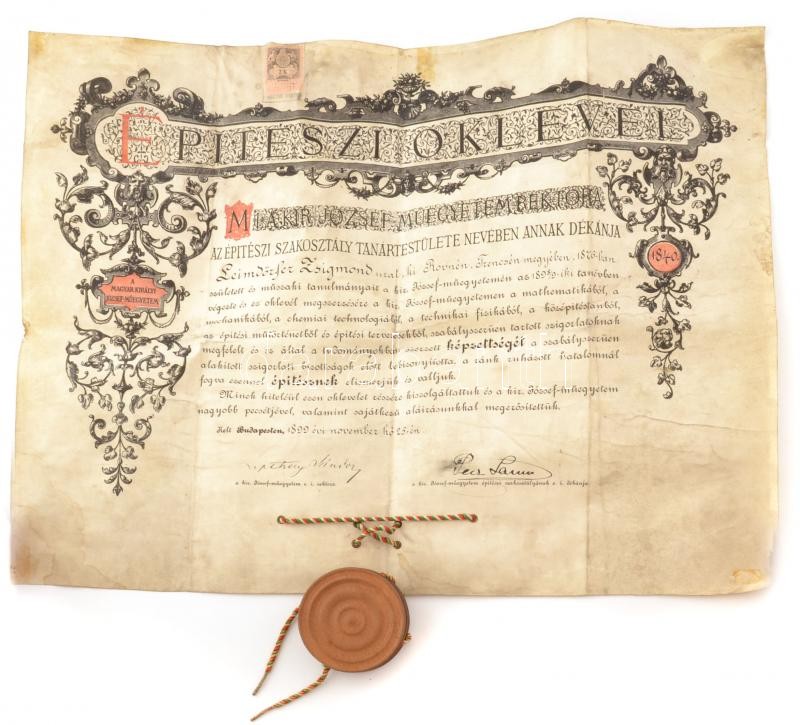 1899 Bp., Épitészi diploma Leimdörfer Zsigmond részére, függőpecséttel
