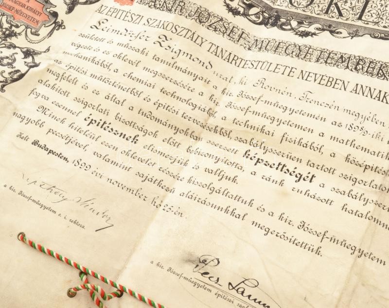 1899 Bp., Épitészi diploma Leimdörfer Zsigmond részére, függőpecséttel - Image 2