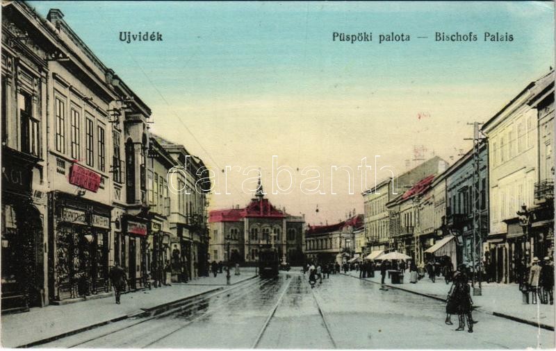 Újvidék, Novi Sad; Szerb püspöki palota, Böhm Ignácz üzlete, villamos. Natosevic kiadása / Serbian bishop's palace, shops, tram (EK)