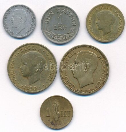 Románia 1910. 50b Ag 'I. Károly' + 1924. 1L Cu-Ni + 1930. 5L sárgaréz 'I. Mihály' + 1930. 20L sárgaréz 'I. Mihály' + 1930. 20L sárgaréz 'II. Károly' + 1941. 1L sárgaréz T:2-,3 Romania 1910. 50 Bani Ag 'Carol I' + 1924. 1 Leu Cu-Ni +