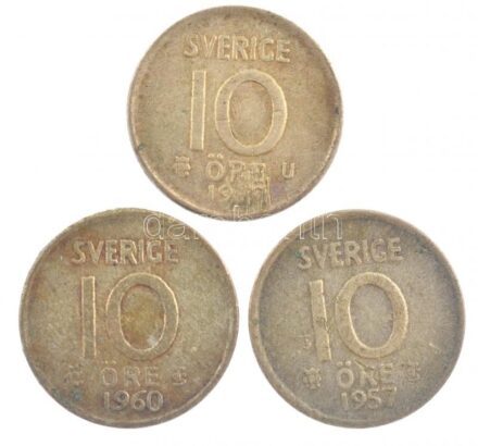 Svédország 1957-1960. 10ö Ag (3xklf) T:2-3 patina Sweden 1957-1960. 10 Öre Ag (3xdiff) C:XF-F patina Krause KM#823
