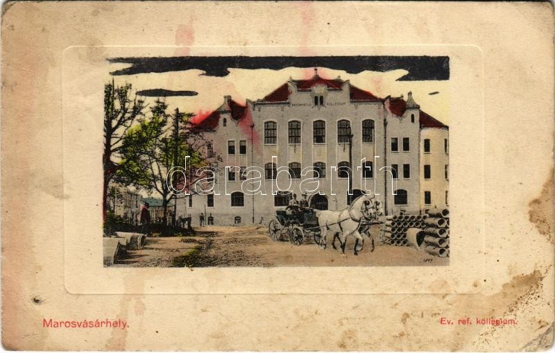 1910 Marosvásárhely, Targu Mures; Református kollégium és hintó / Calvinist boarding school and chariot (fl)