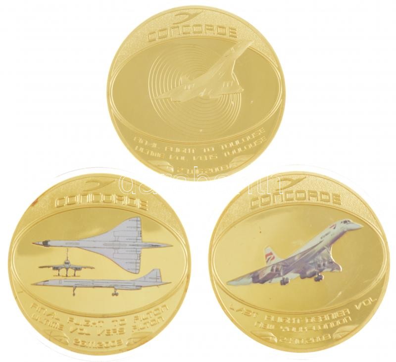DN 3 darabos, mind különféle, a Concorde repülőgép típust ábrázoló aranyozott, részben multicolor festett emlékérem (70mm) T:PP kis fo.