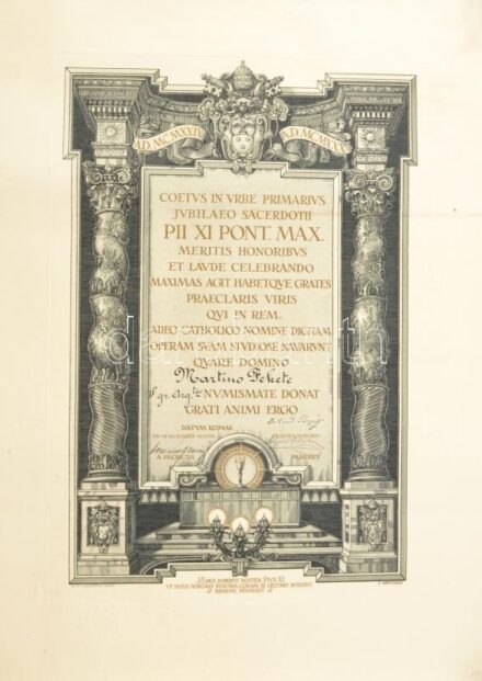 1930 XI. Pius pápa oklevél. Rézkarc, papír. 30x43 cm