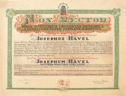 cca 1940 Orvosi jubileumi oklevél. Részben litografált, papír. 70x50 cm