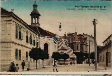 Trencsénteplic, Trencianske Teplice; Széchenyi utca és Sina utca, Sina és Hammam fürdő / street view, spa, bath (képeslapfüzetből / from postcard booklet)