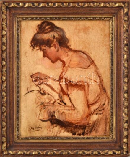 VÉDETT! Gyárfás Jenő (1857-1925): Varró lány. Olaj, fa. Jelezve balra lent, hátoldalán régi aukciós címkével, többe közt BÁV 62. aukció. Szerepelt a BÁV 62. képaukcióján, 1983 december, 94. tétel (katalógus, 15. oldal).