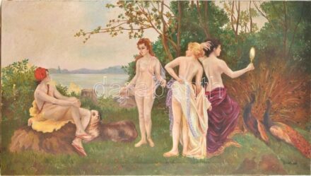 Olvashatatlan jelzéssel: Nimfák a szabadvban, olaj, vászon, keret nélkül. Korának megfelelő állapotban. 64,5x120cm. KIZÁRÓLAG SZEMÉLYES ÁTVÉTEL, NEM POSTÁZZUK! / ONLY PERSONAL COLLECTION AT OUR OFFICE.