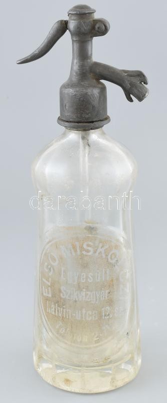 Első Miskolczi Egyesült Szikvízgyár feliratos szikvízes, szódás üveg kopott, m: 30 cm