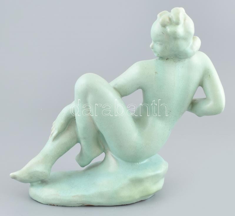 Komlós art deco női akt, mázas kerámia, jelzett, nyakánál restaurált, m: 26,5 cm - Image 2