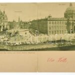 1901 Berlin. Panorama vom Kgl. Schloss und dessen nächster Umgebung, Schlossbrücke, Museum, Neuer Dom, Marienkirche, Kgl. Schloss, Nationaldenkmal Kaiser Wilhelm des Grossen - 4-tiled folding panoramacard (r)