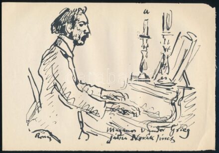 Rippl-Rónai József (1861-1927): 'Magányos vándor Grieg, játssza Novák József'. Cinkográfia, papír, jelzett a cinkográfián, kis lapszéli sérüléssel, 17x24,5 cm